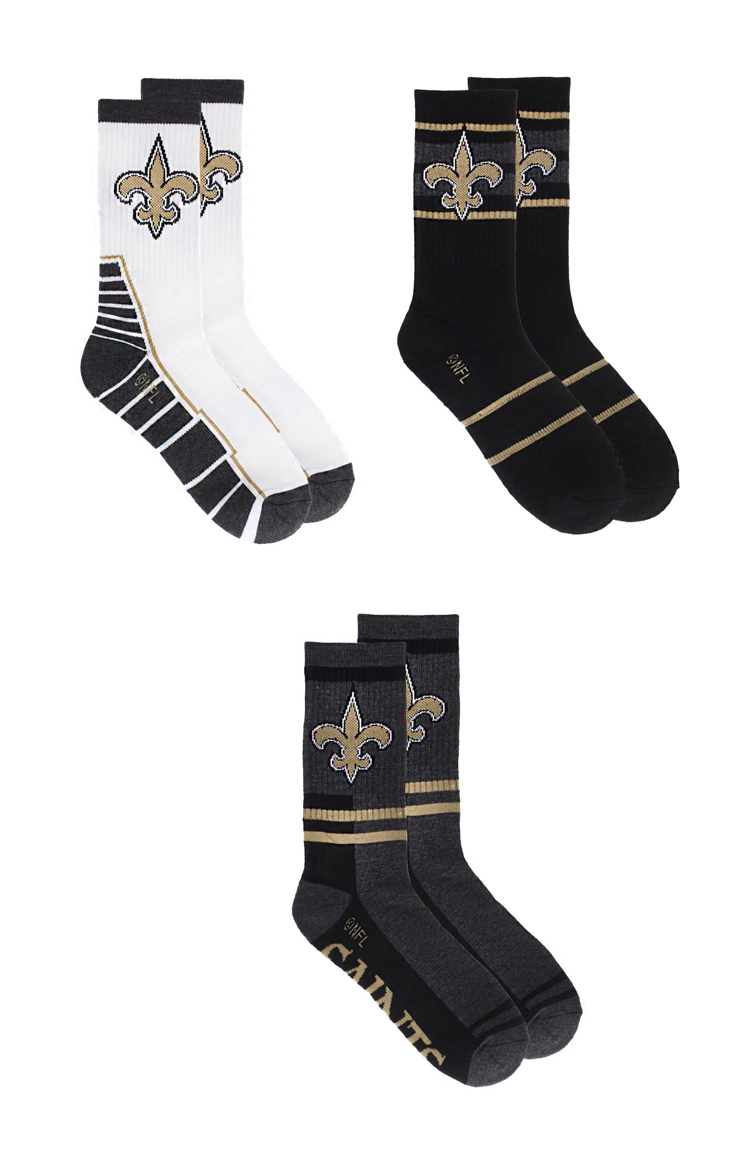 New Orleans Saints Socks 3 Pack Crew Length NFL Football